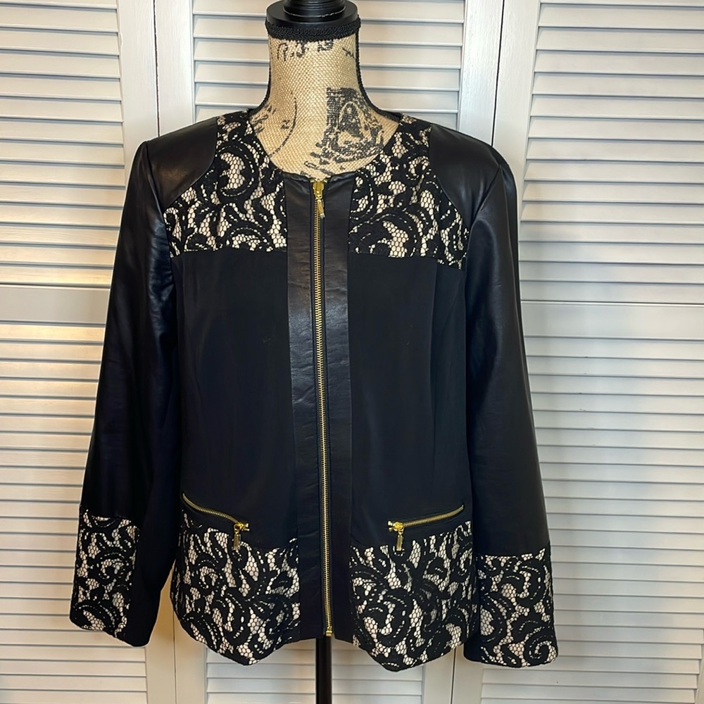NWOT Chico’s Size 2 Leather & Lace Zip Front Jacket
